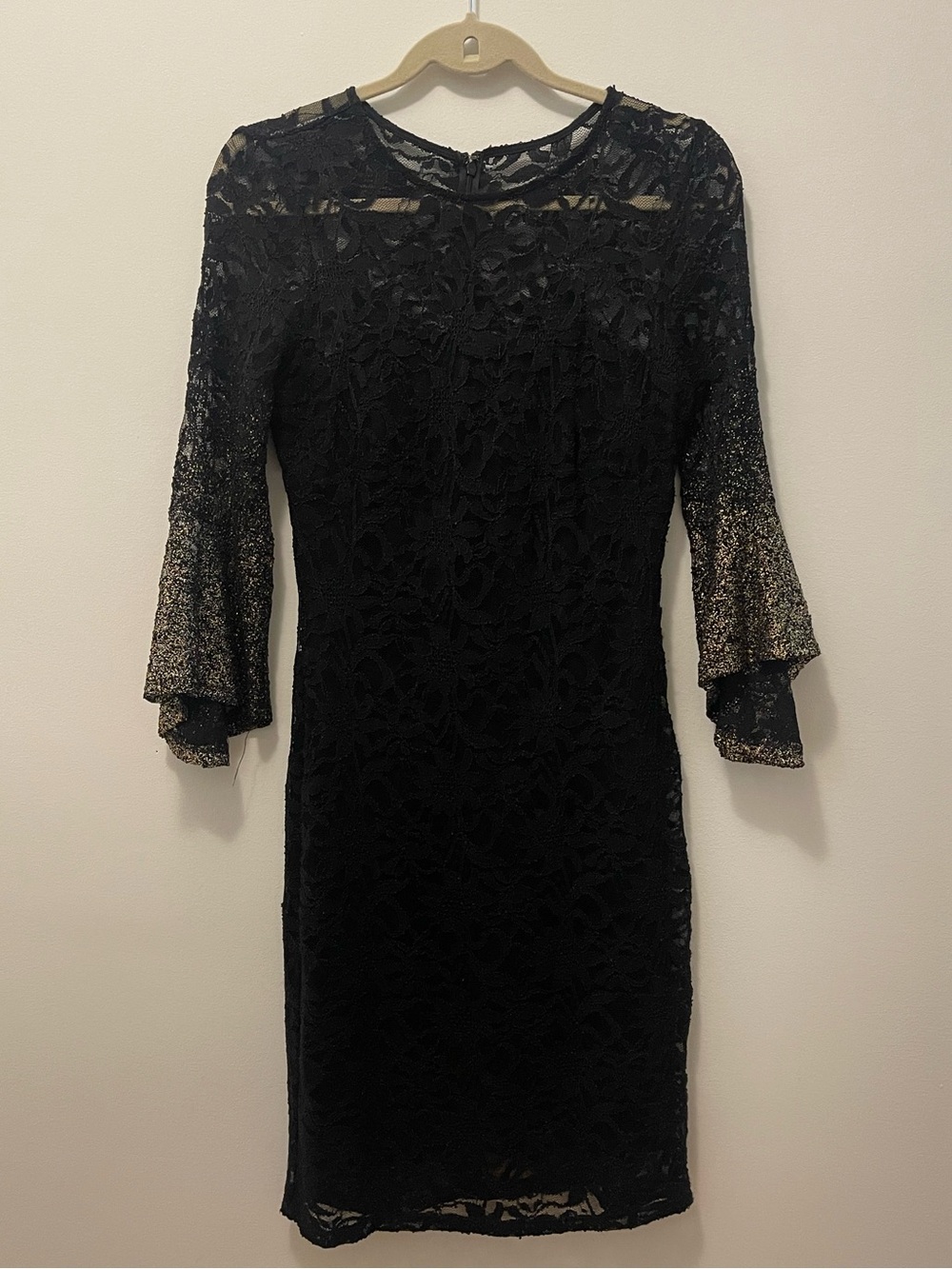 MARINA Black Lace Dress with Metallic Accent Bell Sleeves